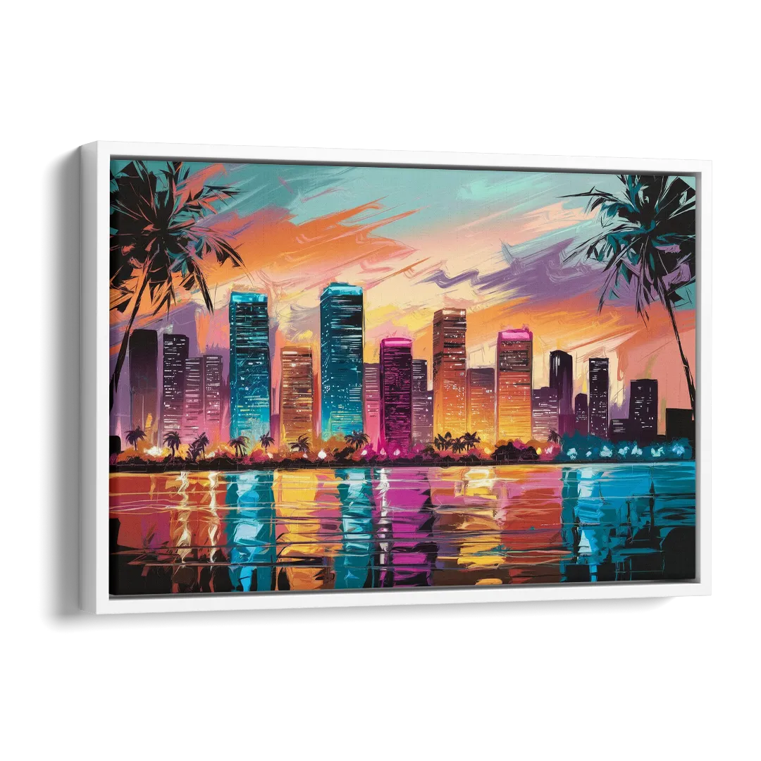 Miami Urban Sunset Glow Side - White Canvas Wall Art