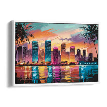 Miami Urban Sunset Glow Side - White Canvas Wall Art