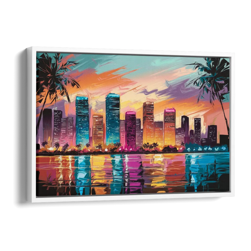 Miami Urban Sunset Glow Side - White Canvas Wall Art