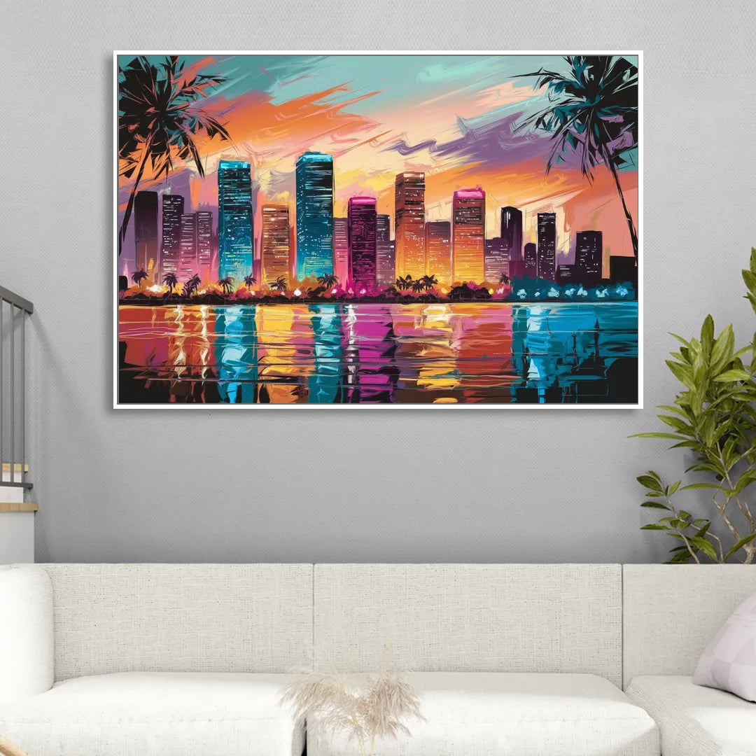 Miami Urban Sunset Glow Living Room - White Canvas Wall Art