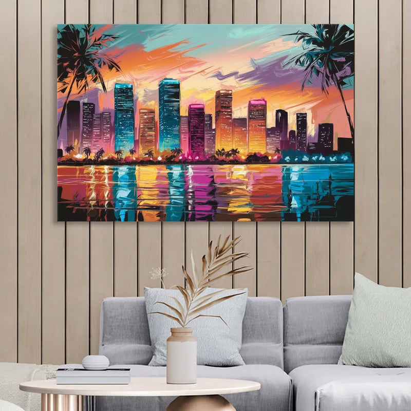Miami Urban Sunset Glow Living Room - Canvas Wall Art