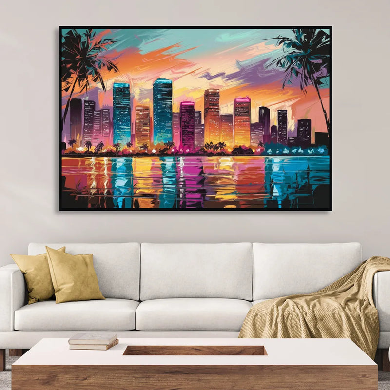 Miami Urban Sunset Glow Sitting Room - Black Canvas Wall Art