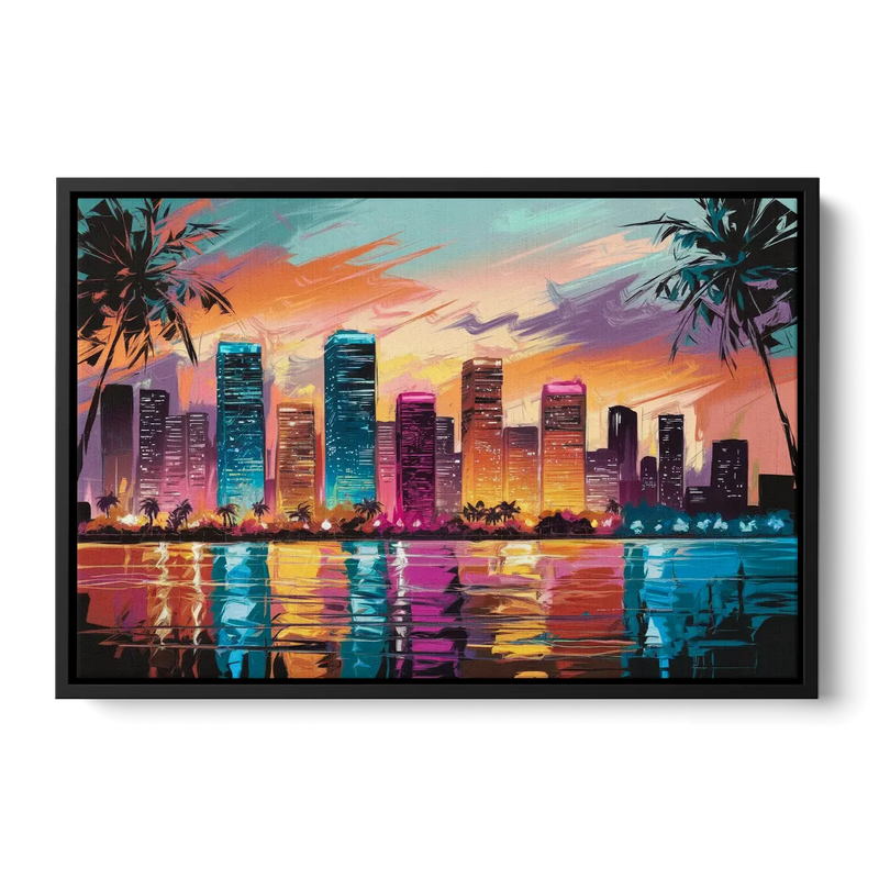 Miami Urban Sunset Glow Front - Black Canvas Wall Art