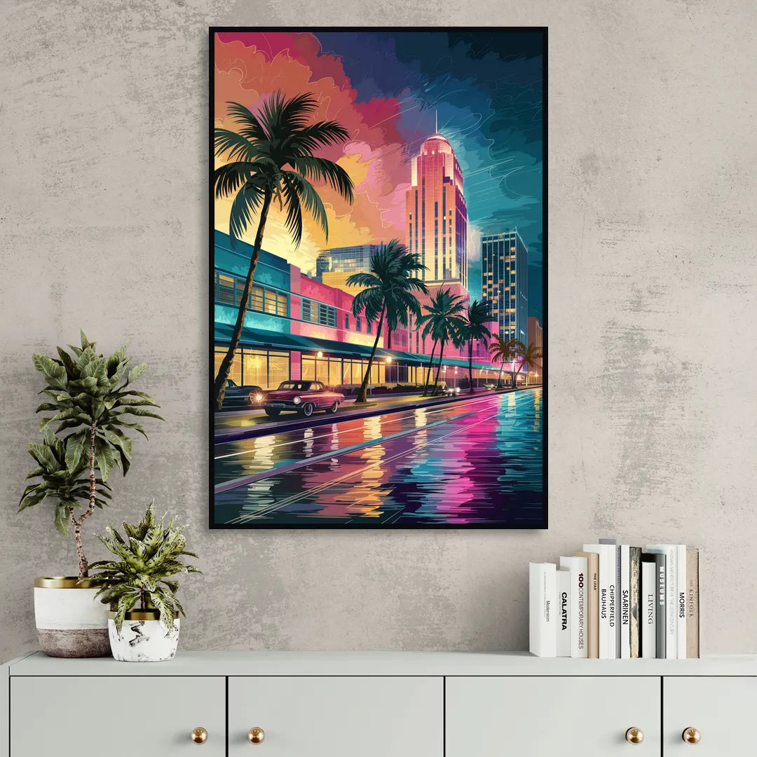 Miami Vibrant Colors Sitting Room - Black Canvas Wall Art