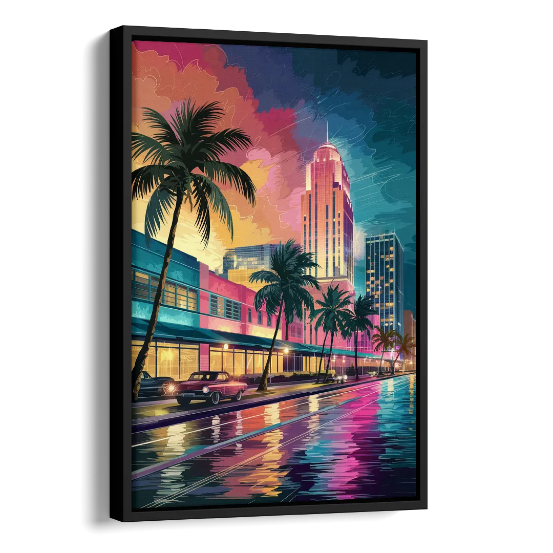 Miami Vibrant Colors Side - Black Canvas Wall Art