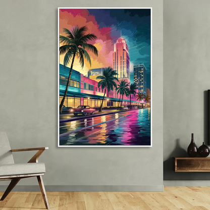 Miami Vibrant Colors Living Room - White Canvas Wall Art