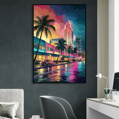 Miami Vibrant Colors Living Room - Black Canvas Wall Art