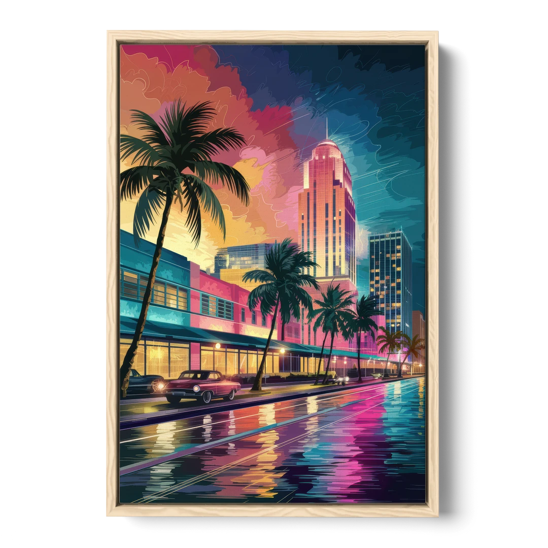 Miami Vibrant Colors - Oak Framed Canvas Wall Art - Front