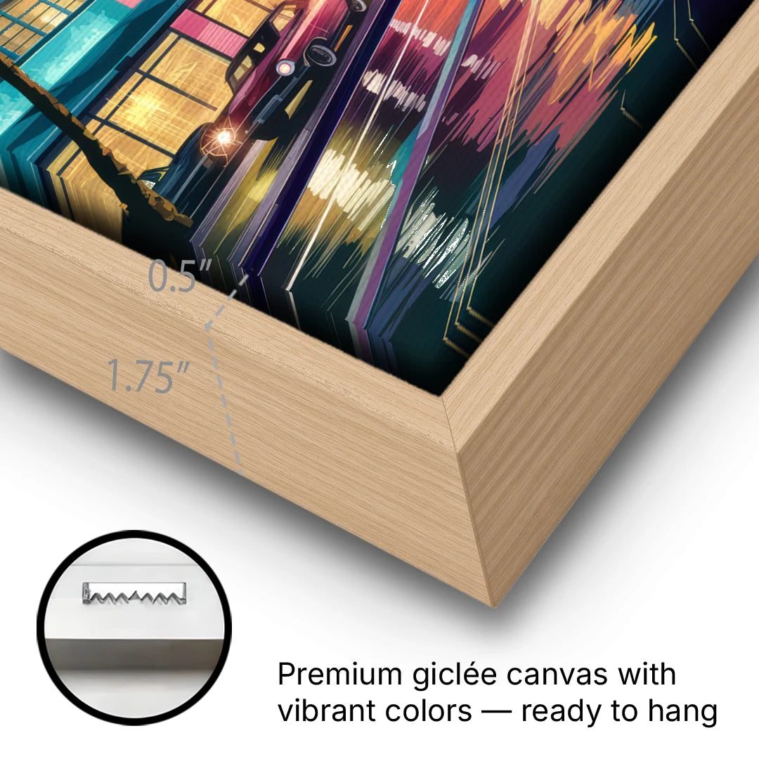 Miami Vibrant Colors - Oak Framed Canvas Wall Art - Gallery Wrap Corner