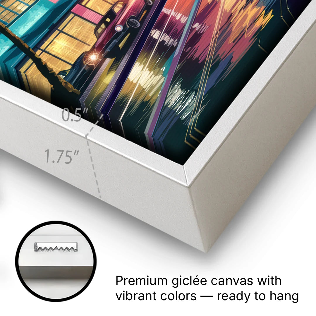 Miami Vibrant Colors - White Framed Canvas Wall Art - Gallery Wrap Corner