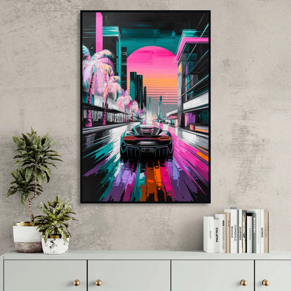 Miami Vice Neon Nights Living Room - Black Canvas Wall Art