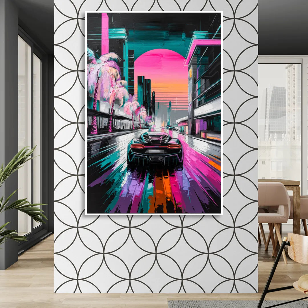 Miami Vice Neon Nights Sitting Room - White Canvas Wall Art