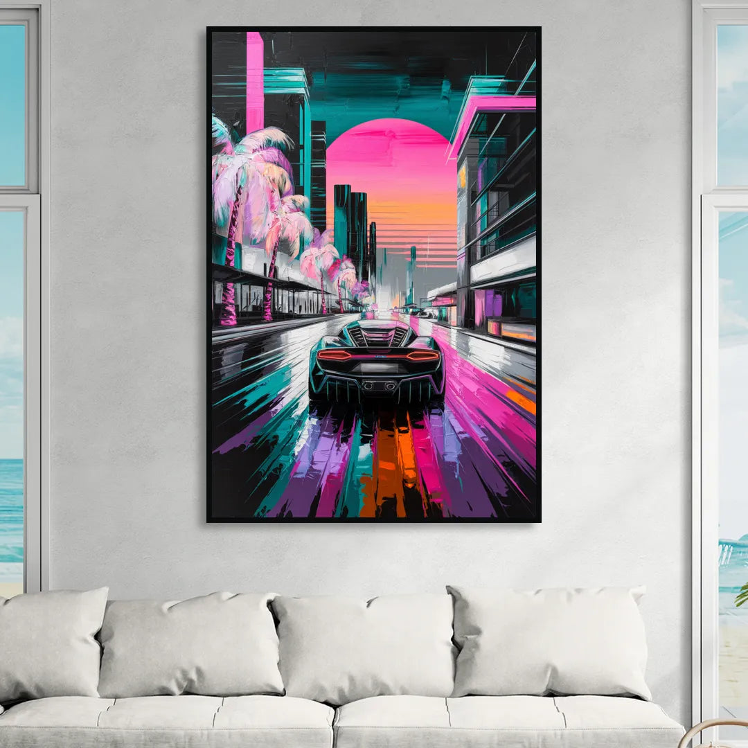Miami Vice Neon Nights Sitting Room - Black Canvas Wall Art