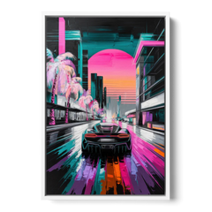Miami Vice Neon Nights - White Framed Canvas Wall Art - Front