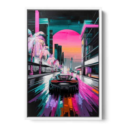 Miami Vice Neon Nights - White Framed Canvas Wall Art - Front