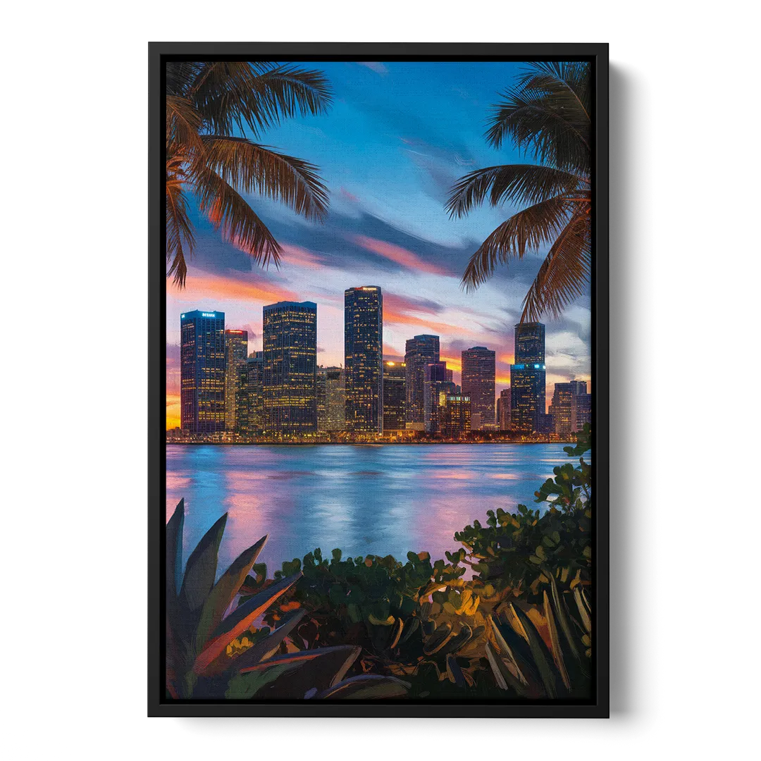 Miami Waterfront Skyline Front - Black Canvas Wall Art