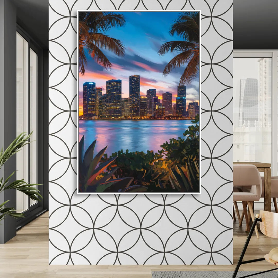 Miami Waterfront Skyline Living Room - White Canvas Wall Art
