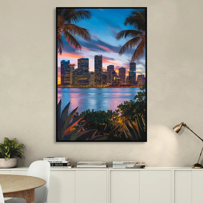 Miami Waterfront Skyline Sitting Room - Black Canvas Wall Art