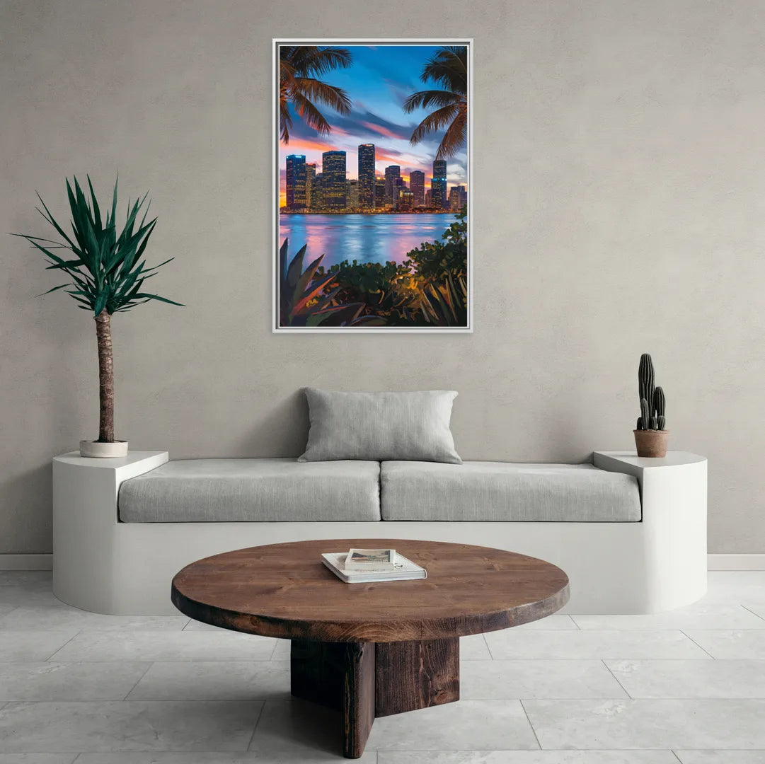 Miami Waterfront Skyline - Living Room White Frame Canvas