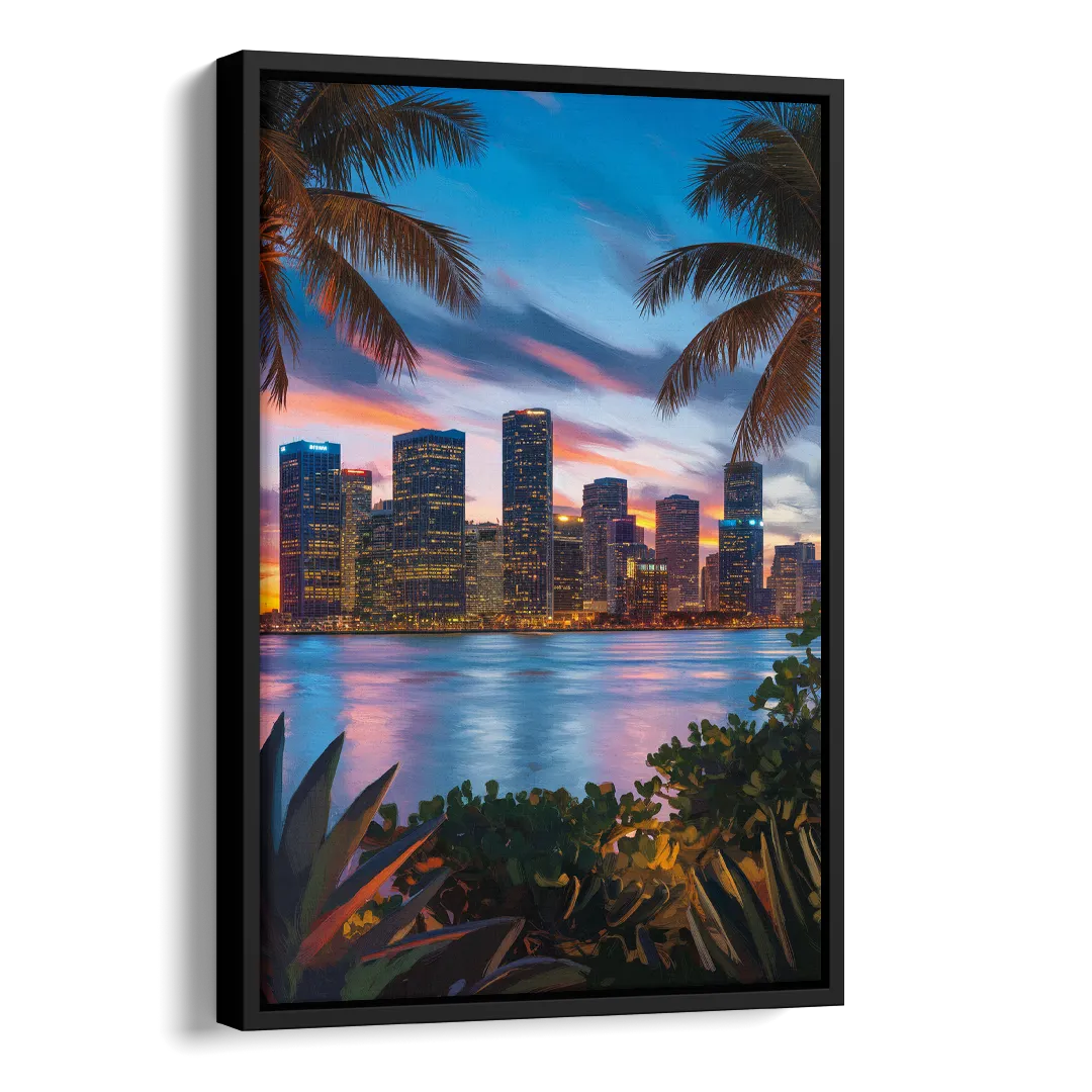 Miami Waterfront Skyline Side - Black Canvas Wall Art