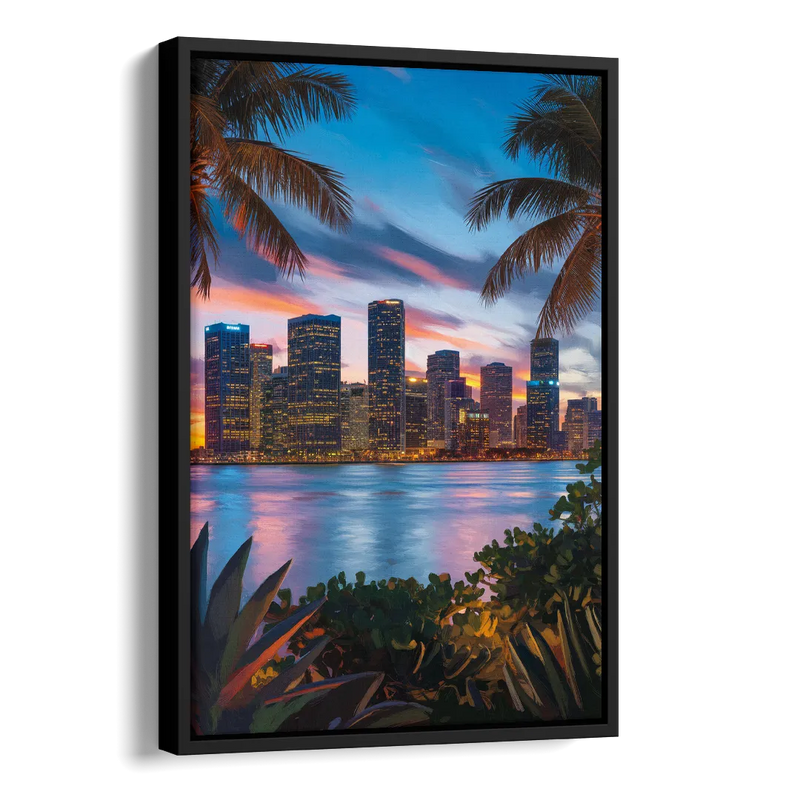 Miami Waterfront Skyline Side - Black Canvas Wall Art