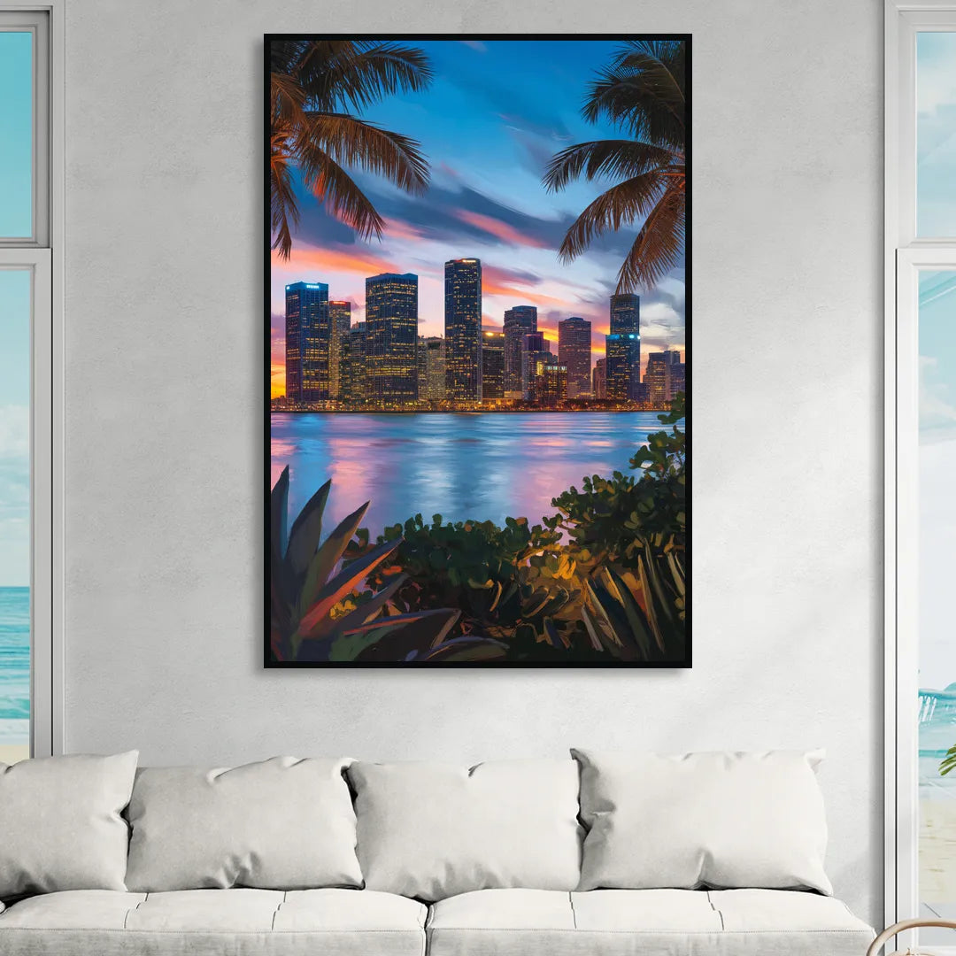 Miami Waterfront Skyline Living Room - Black Canvas Wall Art
