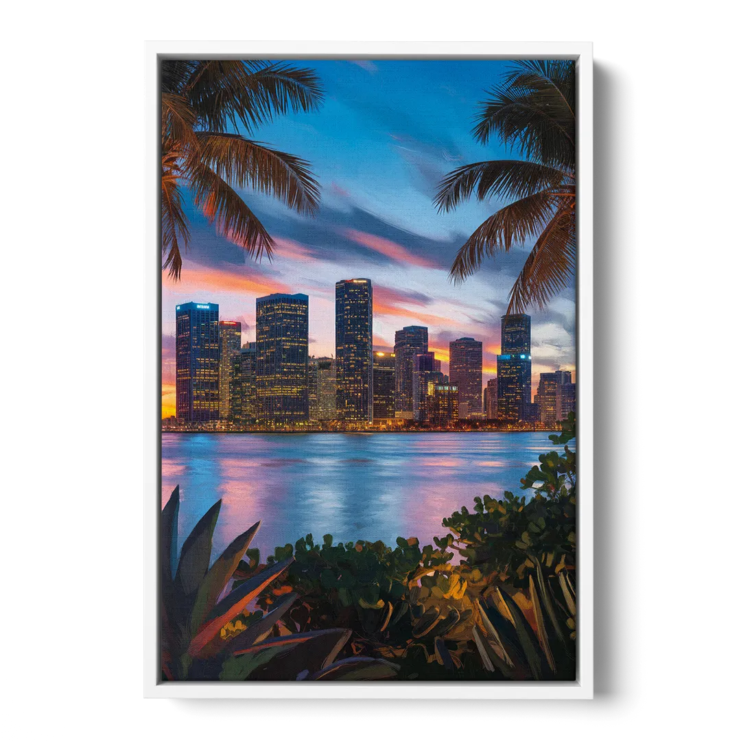 Miami Waterfront Skyline Front - White Canvas Wall Art
