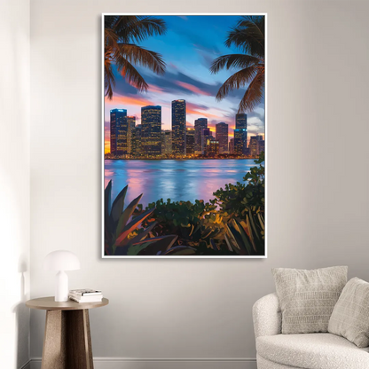 Miami Waterfront Skyline Sitting Room - White Canvas Wall Art