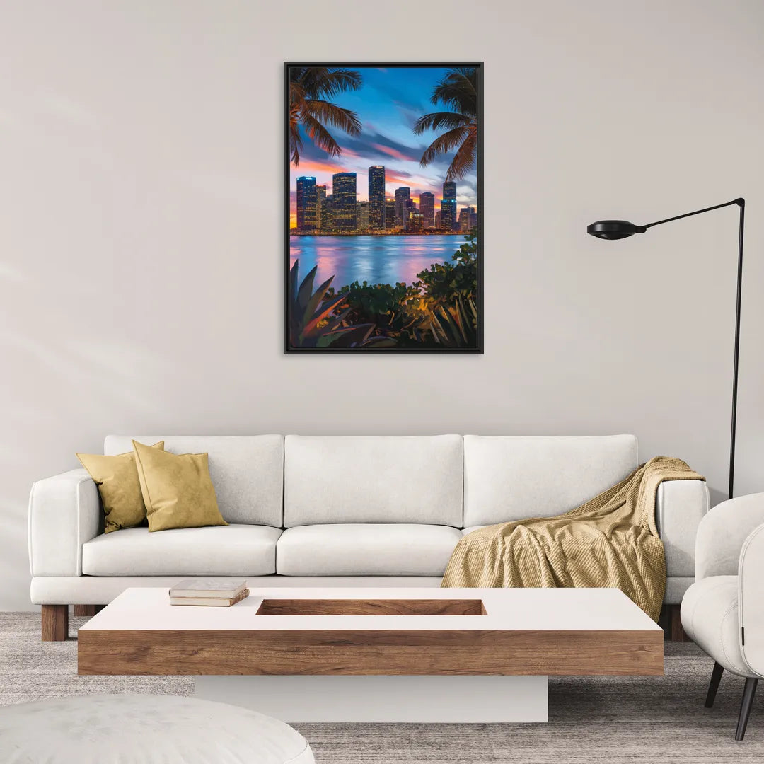 Miami Waterfront Skyline - Living Room Black Frame Canvas