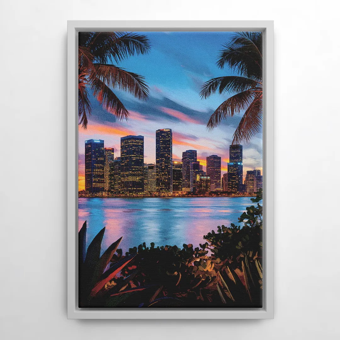 Miami Waterfront Skyline - White Frame Canvas