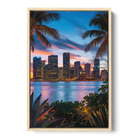 Miami Waterfront Skyline - Oak Framed Canvas Wall Art - Front