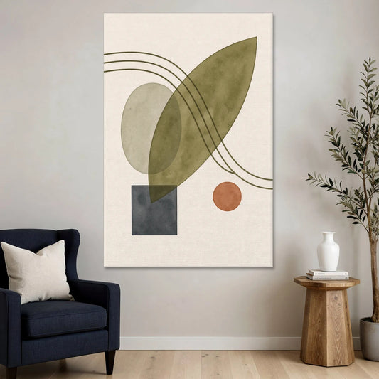 Mid Century Abstract Art with Leaning Olive Leaf - Canvas Wall Art - Sofa - 40x60