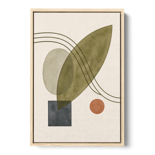 Mid Century Abstract Art with Leaning Olive Leaf - Oak Framed Canvas Wall Art - Front