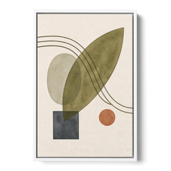 Mid Century Abstract Art with Leaning Olive Leaf - White Framed Canvas Wall Art - Front