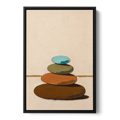 Mid Century Abstract Painting of a Leaning Pebble Cairn - Black Framed Canvas Wall Art - Front
