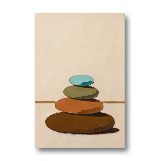 Mid Century Abstract Painting of a Leaning Pebble Cairn - Canvas Wall Art - Front