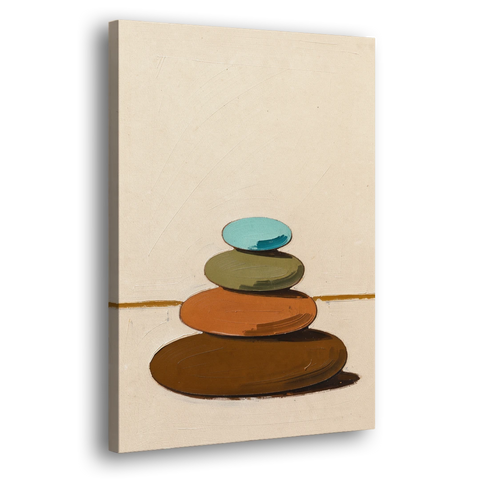 Mid Century Abstract Painting of a Leaning Pebble Cairn - Canvas Wall Art - Side