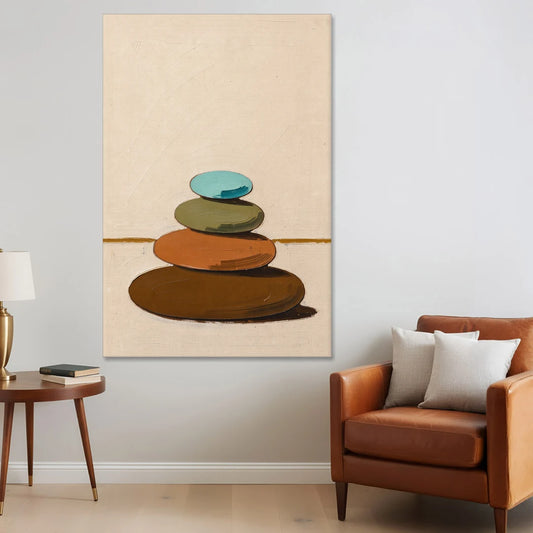 Mid Century Abstract Painting of a Leaning Pebble Cairn - Canvas Wall Art - Sofa - 40x60