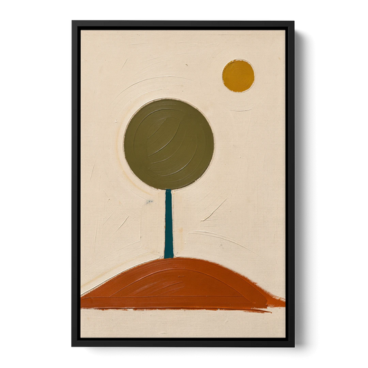 Mid Century Abstract Wall Art with Olive Circle Tree - Black Framed Canvas Wall Art - Front