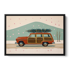 Mid Century Christmas Decor with a Woody Wagon - Black Framed Canvas Wall Art - Front