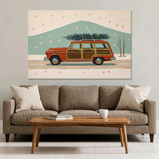 Mid Century Christmas Decor with a Woody Wagon - Canvas Wall Art - Sofa - 60x40