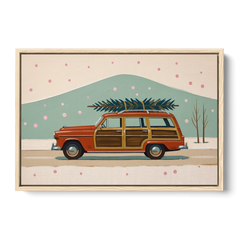 Mid Century Christmas Decor with a Woody Wagon - Oak Framed Canvas Wall Art - Front