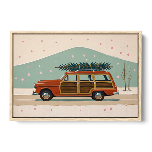 Mid Century Christmas Decor with a Woody Wagon - Oak Framed Canvas Wall Art - Front
