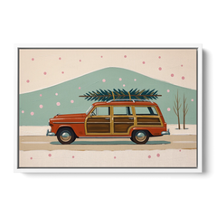 Mid Century Christmas Decor with a Woody Wagon - White Framed Canvas Wall Art - Front
