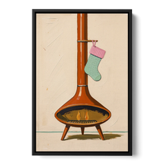 Mid-Century Christmas Wall Art of a Cone Fireplace - Black Framed Canvas Wall Art - Front