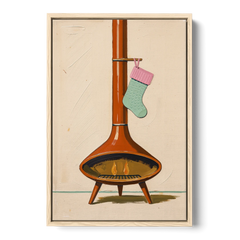 Mid-Century Christmas Wall Art of a Cone Fireplace - Oak Framed Canvas Wall Art - Front