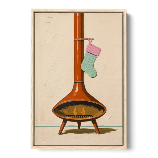 Mid-Century Christmas Wall Art of a Cone Fireplace - Oak Framed Canvas Wall Art - Front
