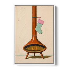 Mid-Century Christmas Wall Art of a Cone Fireplace - White Framed Canvas Wall Art - Front