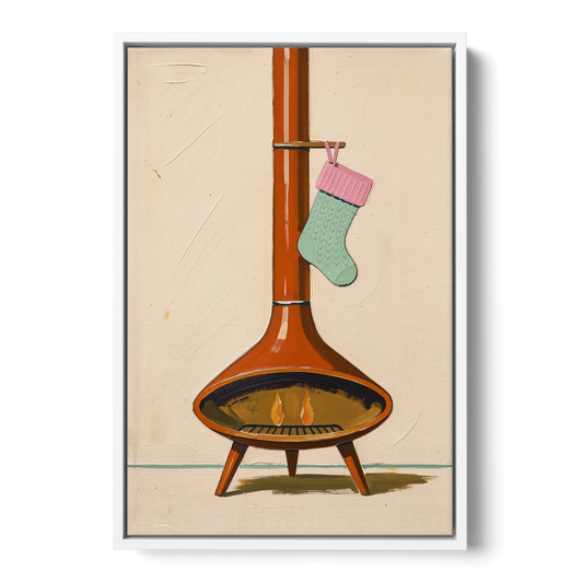 Mid-Century Christmas Wall Art of a Cone Fireplace - White Framed Canvas Wall Art - Front