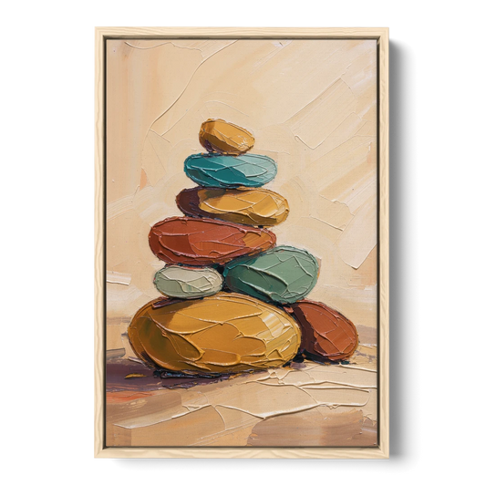Mid Century Modern Abstract Ochre Pebble Cairn - Oak Framed Canvas Wall Art - Front
